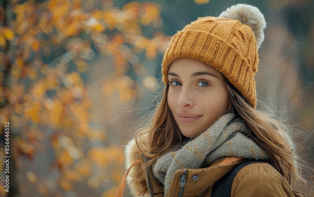 A woman wearing a yellow hat and scarf is smiling. She is standing in front of a tree with leaves falling A woman wearing a yellow hat and scarf is smiling. She is standing in front of a tree with leaves falling