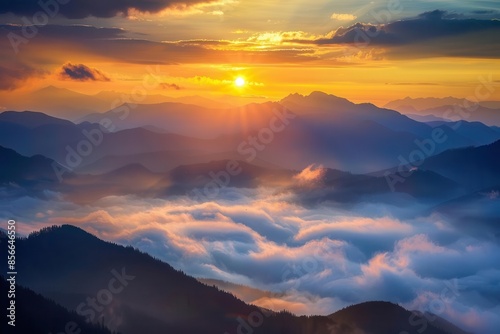 majestic morning breathtaking sunrise over misty mountain peaks natures splendor