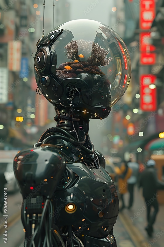 Bionic Fish-Headed Entity Navigates Futuristic Metropolis with Transparent Sphere Head Containing Vibrant Coral Reef Ecosystem Bionic Fish-Headed Entity Navigates Futuristic Metropolis with Transparent Sphere Head Containing Vibrant Coral Reef Ecosystem