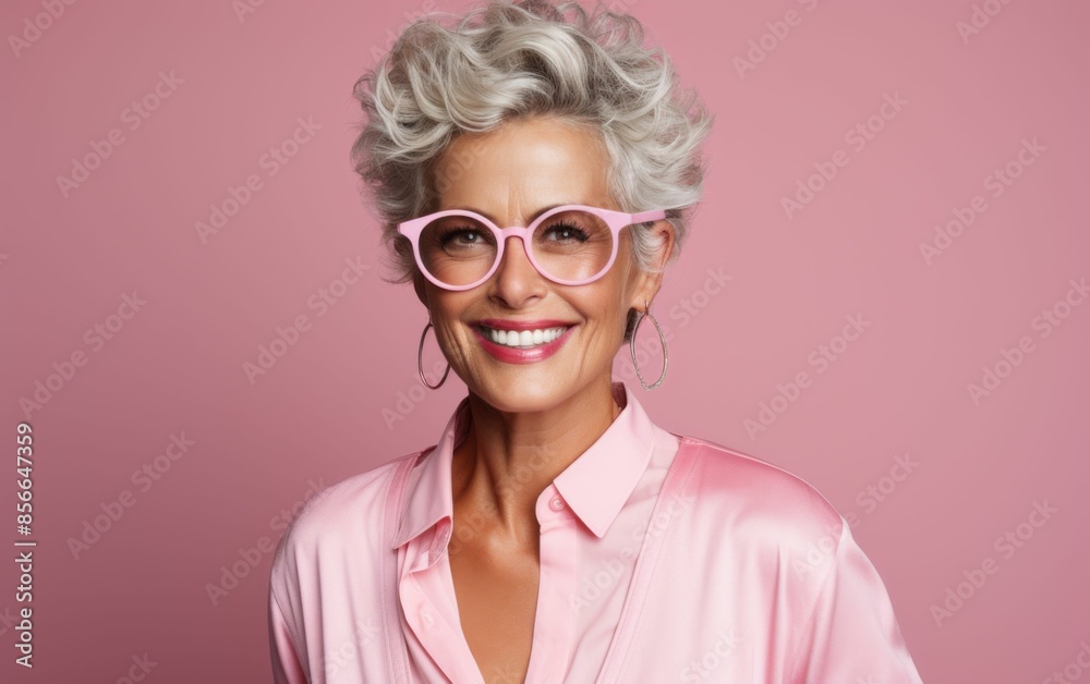 A woman with pink glasses and pink shirt is smiling. She looks happy and confident. The pink color of her shirt and glasses gives a cheerful and positive vibe to the image A woman with pink glasses and pink shirt is smiling. She looks happy and confident. The pink color of her shirt and glasses gives a cheerful and positive vibe to the image