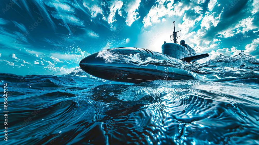 A submarine breaks the surface of the ocean, leaving a trail of white foam as it surges forward A submarine breaks the surface of the ocean, leaving a trail of white foam as it surges forward