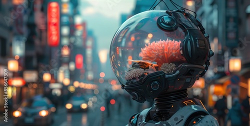 Bionic Fish-Headed Cyborg Navigating Neon-Soaked Futuristic Metropolis with Vibrant Coral Reef Ecosystem photo