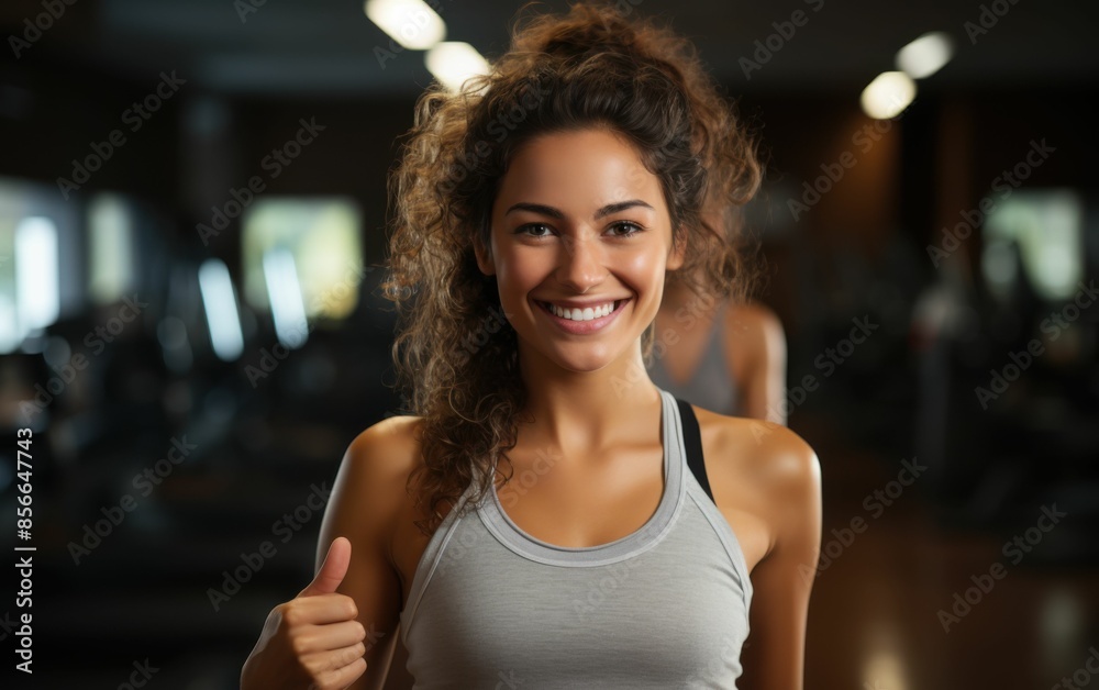 A woman with long hair is smiling and giving a thumbs up. She is wearing a grey tank top and is standing in a gym A woman with long hair is smiling and giving a thumbs up. She is wearing a grey tank top and is standing in a gym