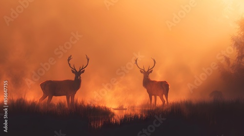 two red deer silhouettes in the morning mist. 