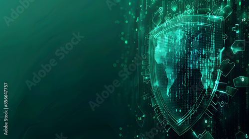  Network security information technology, network protection, information security concepts, a green shield symbolizing network security protection