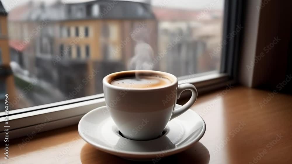 A cup of hot espresso coffee steaming on a windowsill during a cloudy day. Concept of comfort and tranquility A cup of hot espresso coffee steaming on a windowsill during a cloudy day. Concept of comfort and tranquility