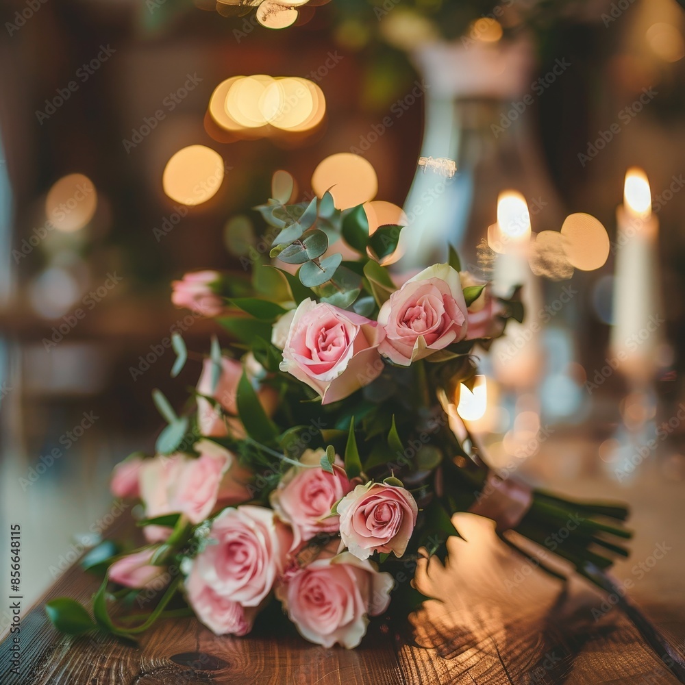 Obraz premium Romantic Wedding Interior with Pink Rose Bouquet on Wooden Table