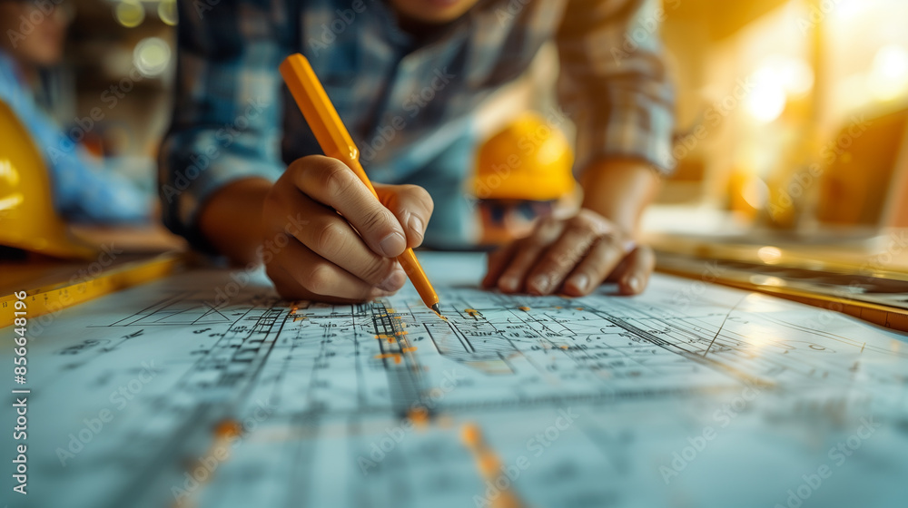 A close-up of an architects hand carefully marking details on a blueprint A close-up of an architects hand carefully marking details on a blueprint