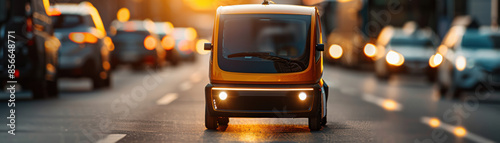 A small orange vehicle is driving down a busy street