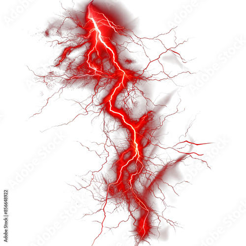 Red Lightning Isolated on Transparent Background - Electric Energy and Storm Concept