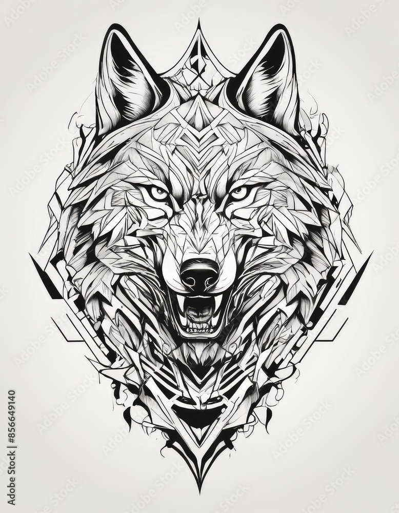 Obraz premium Tattoo design, Angry Wolf, wolf mascot logo. Black ink on a white background