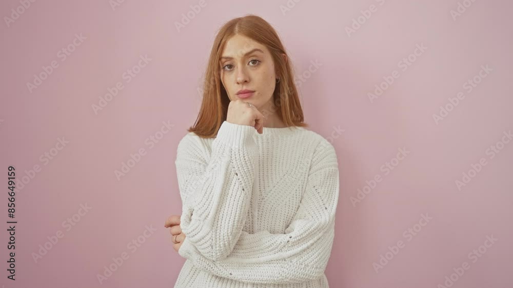 Confident young redhead woman in sweater strikes pose, smiling at camera over pink background, hand on chin, arms crossed. radiating positivity. perfect picture of happiness.