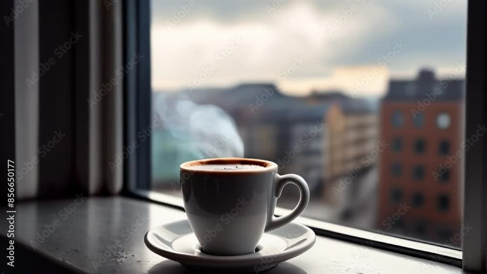 A cup of hot espresso coffee steaming on a windowsill during a cloudy day. Concept of comfort and tranquility