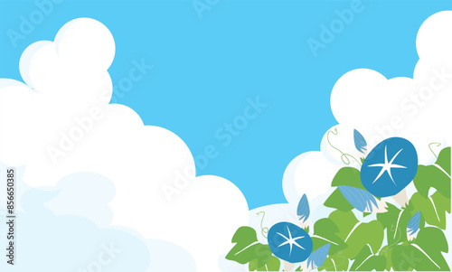 入道雲のある青空と青い朝顔の花の背景イラスト素材