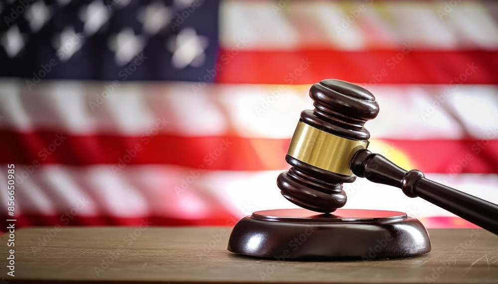Court gavel on a table with the American flag in the background Court gavel on a table with the American flag in the background