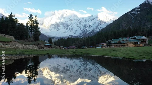 Fairy Meadows Drone flight over reflection pond photo