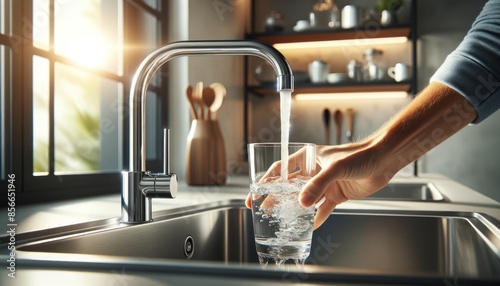 modern and elegant kitchen setting with a close-up of a person's hand filling a clear glass with water from a sleek, stainless