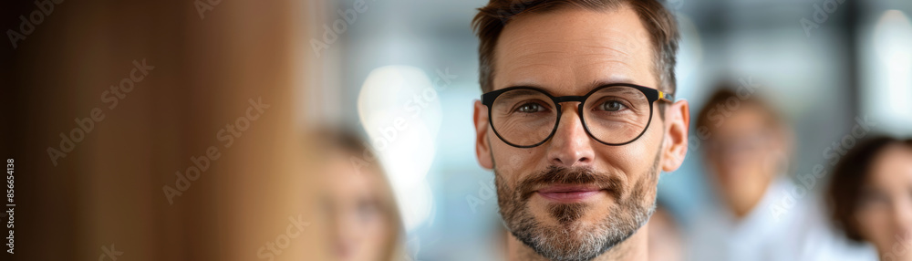 A man with glasses is smiling at the camera A man with glasses is smiling at the camera