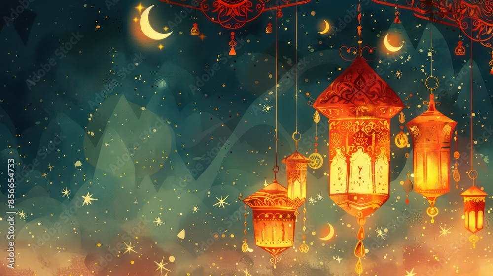 Ornamental Arabic lantern with burning candle glowing at night and glittering golden bokeh lights. Festive greeting card, invitation for Muslim holy month Ramadan Kareem. Dark background.