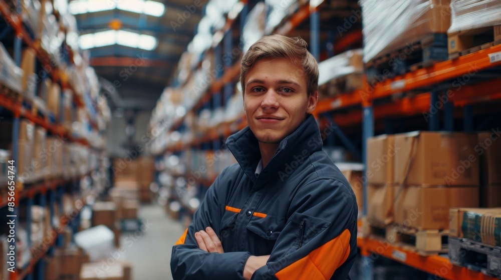 portrait of a Caucasian employee of a logistics center against the background of shelves with boxes of products and parcels portrait of a Caucasian employee of a logistics center against the background of shelves with boxes of products and parcels