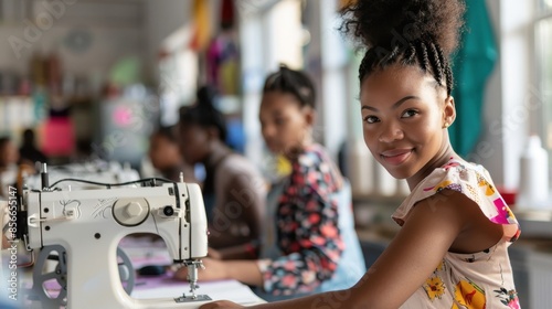 Young woman smiles at sewing machine in a classroom