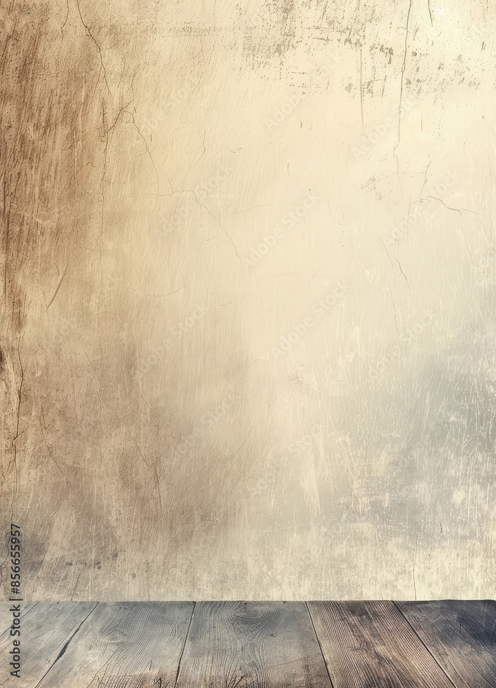 Fototapeta premium A weathered wall and wooden floor create a rustic and minimalist setting, evoking a sense of nostalgia and simplicity with its aged and distressed surfaces.