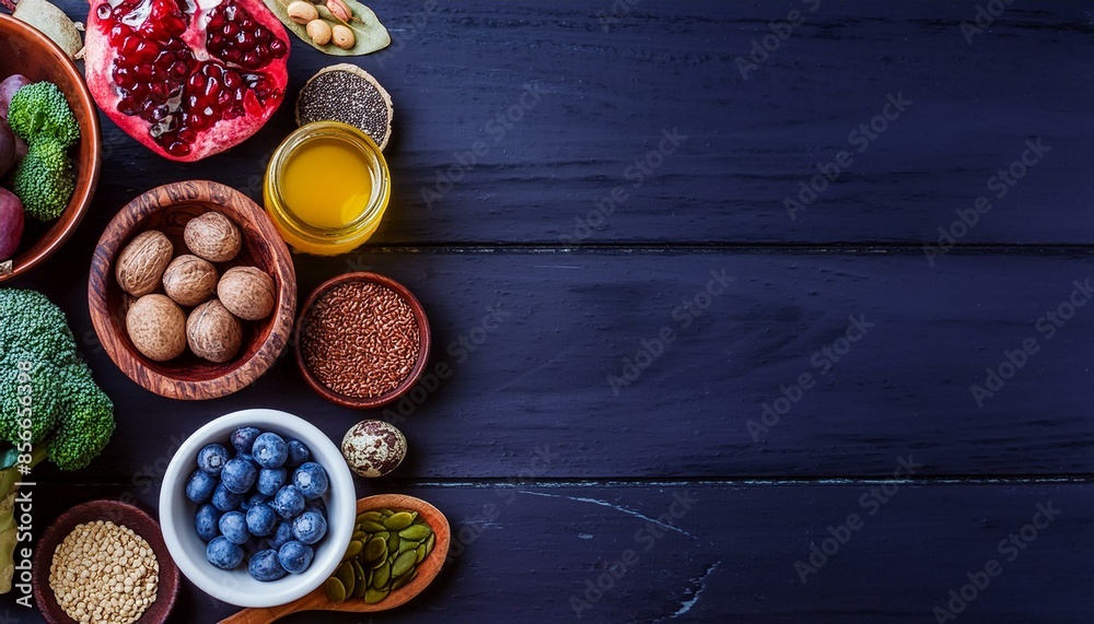 Healthy, antioxidant superfoods placed on wooden table Avocado, kale, blueberries, chia seeds, broccoli, nuts, salmon, sardines, quinoa Free space for text Logo right in the middle Healthy, antioxidant superfoods placed on wooden table Avocado, kale, blueberries, chia seeds, broccoli, nuts, salmon, sardines, quinoa Free space for text Logo right in the middle