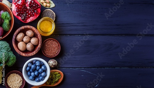 Healthy, antioxidant superfoods placed on wooden table Avocado, kale, blueberries, chia seeds, broccoli, nuts, salmon, sardines, quinoa Free space for text Logo right in the middle