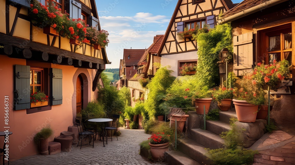 Fototapeta premium Tiny wooden house with a terrace. Life in the country in Germany in summer. Vacation in the country.