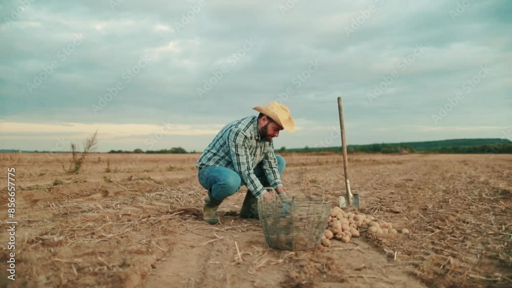 A lone farmer digs potatoes in the field. Harvesting. Agriculture. A lone farmer digs potatoes in the field. Harvesting. Agriculture.