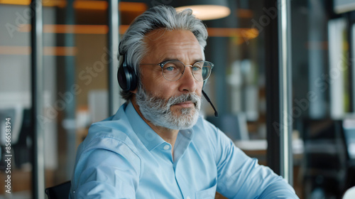 Focused older man with gray hair and glasses wearing headphones, working on a laptop in a modern office, exuding concentration and professionalism © AspctStyle