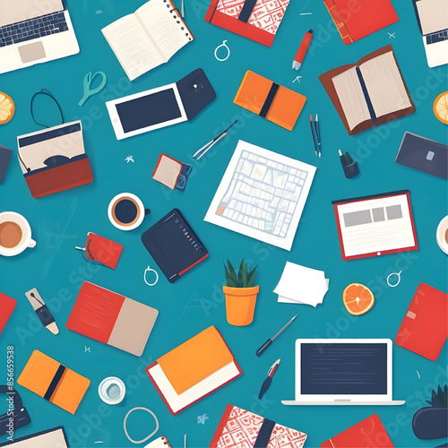 Creative Workspace Chaos: A vibrant, teal seamless pattern bursting with laptops, notebooks, and coffee, embodying the organized chaos of a creative mind. 