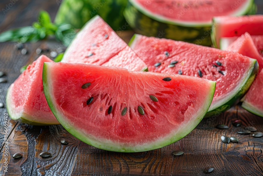 A close-up of a juicy watermelon sliced in half, showcasing its bright red flesh and black seeds, surrounded by watermelon slices. A close-up of a juicy watermelon sliced in half, showcasing its bright red flesh and black seeds, surrounded by watermelon slices.