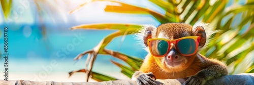 Whimsical Kinkajou Wearing Sunglasses Relaxing on Sunny Tropical Beach with Palm Trees and Lush Foliage in the Background photo