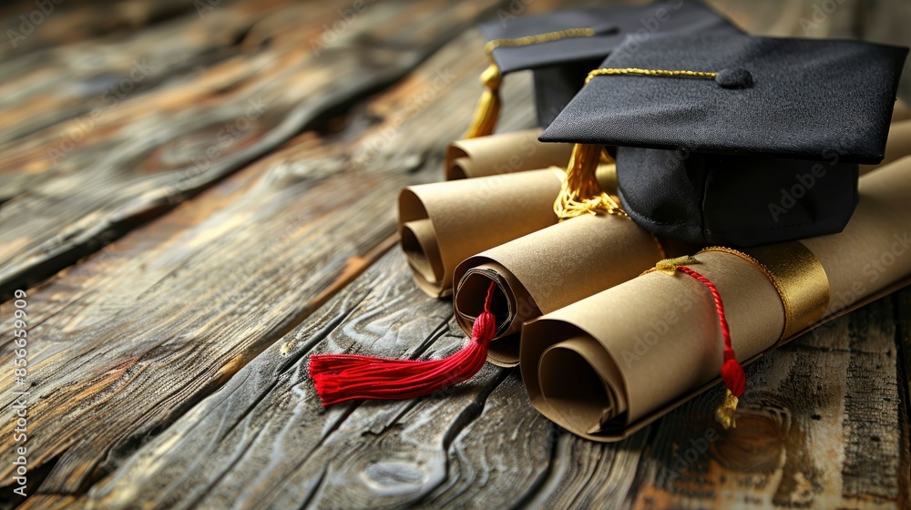 graduation background with diplomas and caps, a tassel icon on a table ...