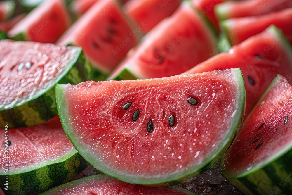 A close-up of a juicy watermelon sliced in half, showcasing its bright red flesh and black seeds, surrounded by watermelon slices. A close-up of a juicy watermelon sliced in half, showcasing its bright red flesh and black seeds, surrounded by watermelon slices.
