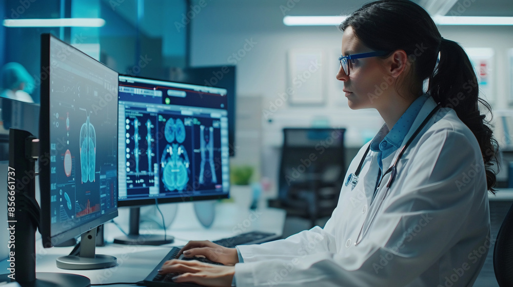Side view doctor women using computer with AI artificial intelligence in modern medical technology and IOT automation.