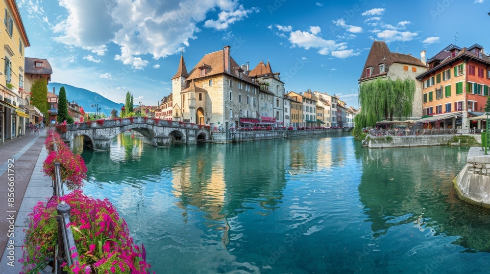Fototapeta premium Canals with flowers and cafes in Annecy, France