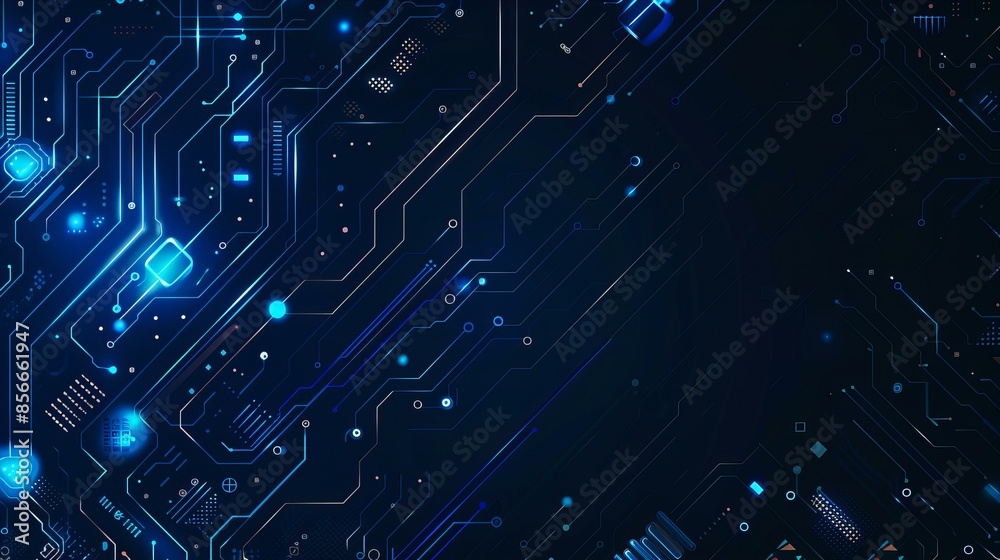 A minimalist flat style design for a technology website, featuring a dark blue background with an intricate electronic circuit scheme, creating a sleek and modern look. A minimalist flat style design for a technology website, featuring a dark blue background with an intricate electronic circuit scheme, creating a sleek and modern look.