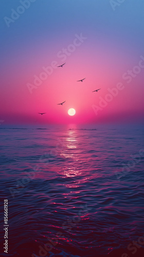 Sunset at sea with bright pink sky and birds in the air, explosion of colors at dusk, dreamy background