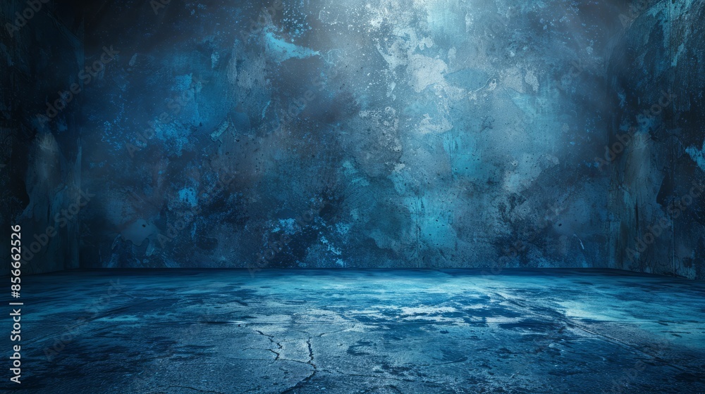 Blue dark concrete walls and floors against an abstract background, the interior of the room with spotlights Blue dark concrete walls and floors against an abstract background, the interior of the room with spotlights