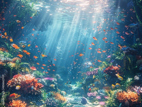 Underwater world. Colorful fishes swim near coral reef.