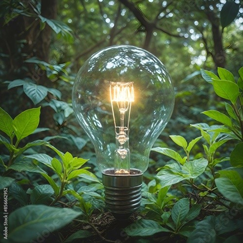 Concetto di energia verde e rinnovabile, lampadina, lampadine accesa in un contorno di foglie, alberi e vegetazione verde photo