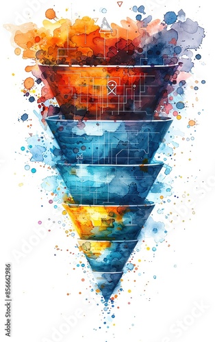A vibrant watercolor of an inverted pyramid, symbolizing various abstract concepts through different colors and layers.