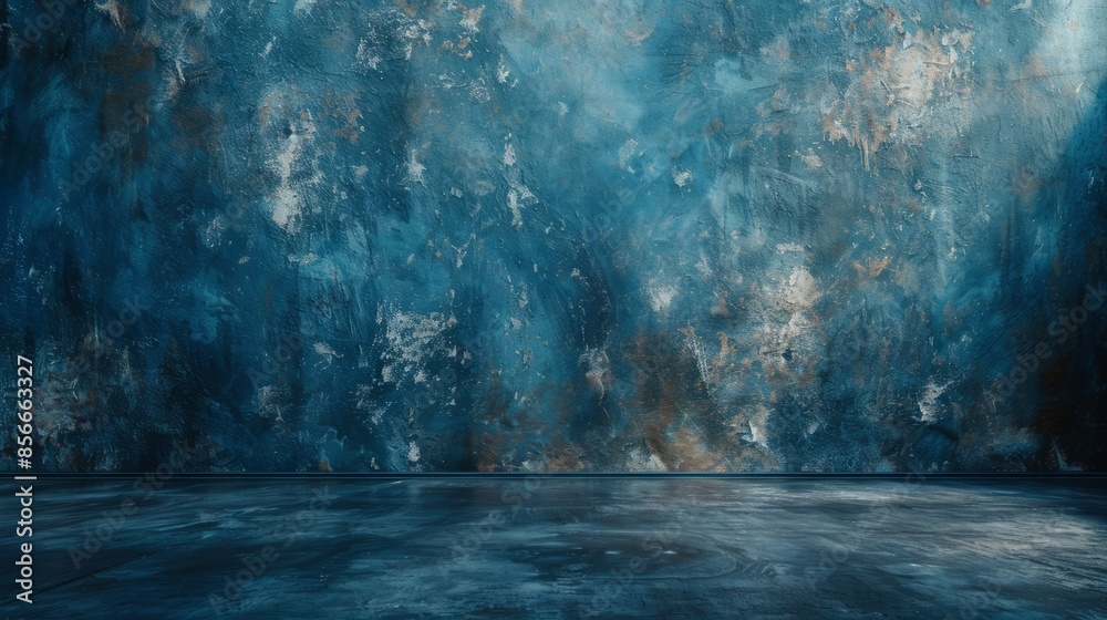 Blue dark concrete walls and floors against an abstract background, the interior of the room with spotlights Blue dark concrete walls and floors against an abstract background, the interior of the room with spotlights