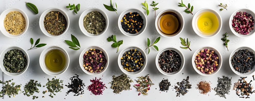 Flat Lay Herbal Tea With Mortar Pestle and Dried Herbs Flat Lay Herbal Tea With Mortar Pestle and Dried Herbs