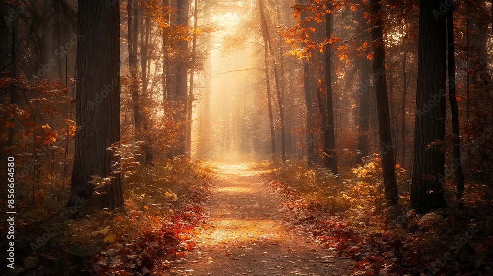 Autumn Forest Path with Sunlight Rays. Scenic Fall Landscape with Sunlit Trail Autumn Forest Path with Sunlight Rays. Scenic Fall Landscape with Sunlit Trail