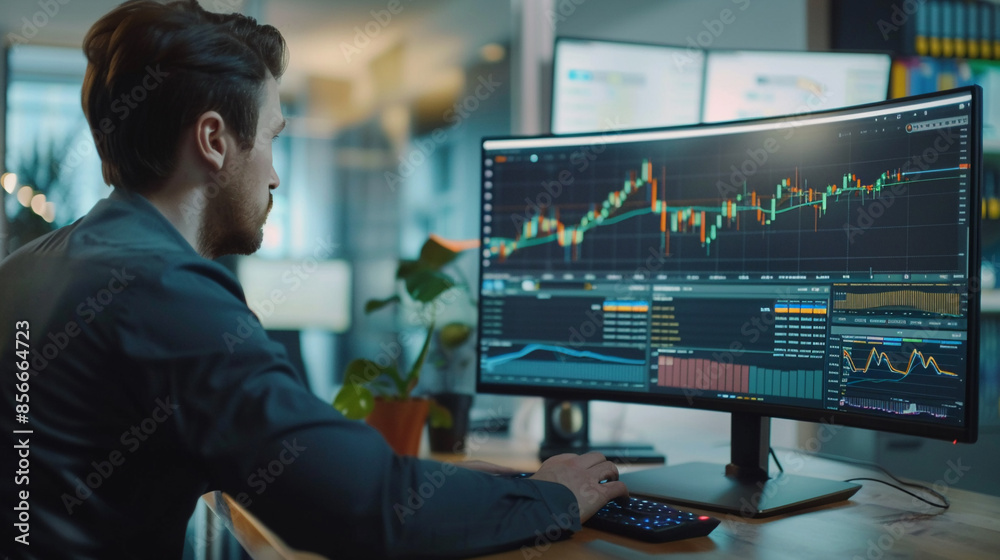 A trader looking at gold stock graphs on a large desktop monitor. investment finance A trader looking at gold stock graphs on a large desktop monitor. investment finance
