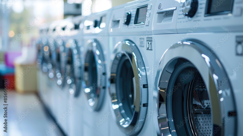 White Front Loading Washing Machines and Dryers in Lined-Up Formation White Front Loading Washing Machines and Dryers in Lined-Up Formation