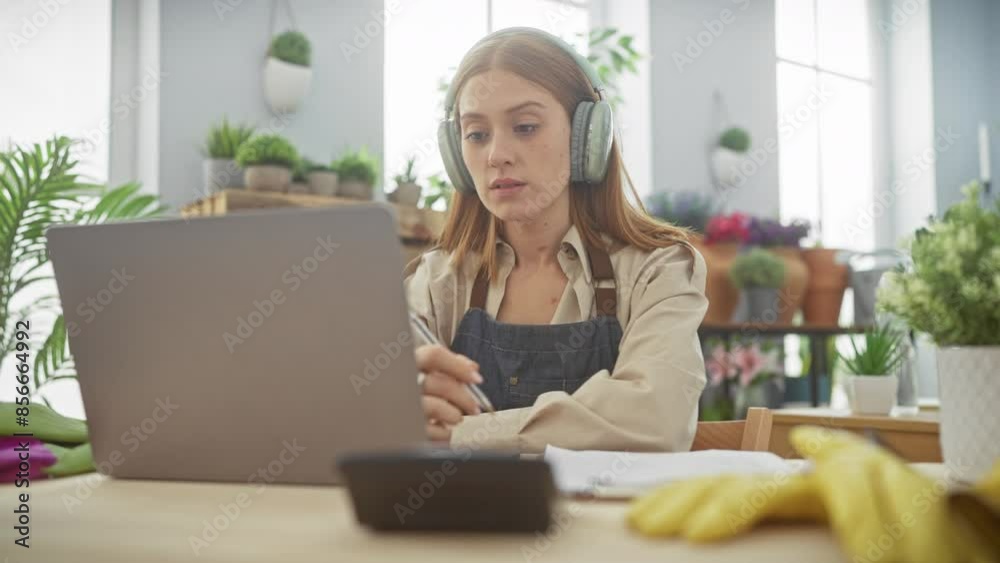 A focused young woman wearing headphones works on her laptop in a well-lit room adorned with plants and colorful flowers. A focused young woman wearing headphones works on her laptop in a well-lit room adorned with plants and colorful flowers.